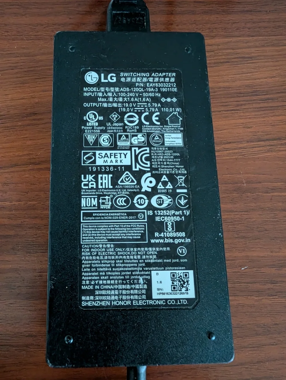 LG AC Adapter Power Supply ADS-120QL-19A-3 19V 5.79A Pre Owned